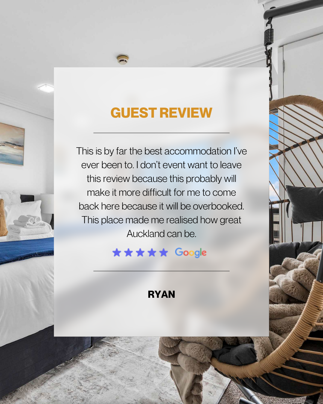 Zodiak Stays guest review block. This is by far the best accommodation I’ve ever been to. I don’t event want to leave this review because this probably will make it more difficult for me to come back here because it will be overbooked. This place made me realised how great Auckland can be.