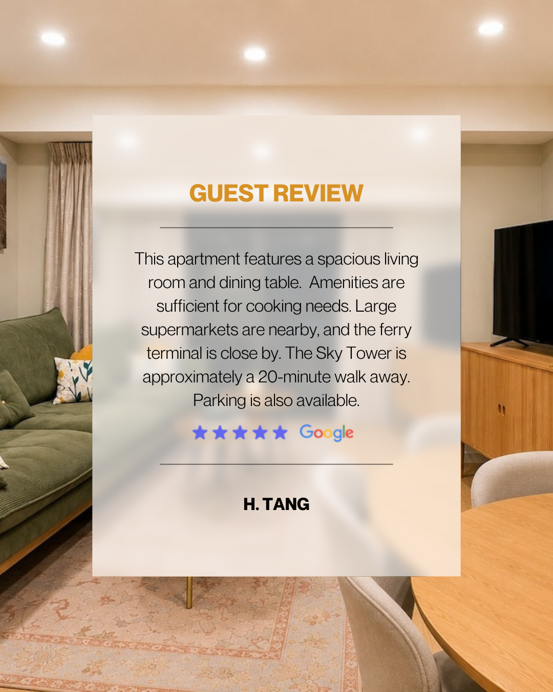 Zodiak Stays guest review block. This apartment features a spacious living room and dining table. Amenities are sufficient for cooking needs. Large supermarkets are nearby, and the ferry terminal is close by. The Sky Tower is approximately a 20-minute walk away. Parking is also available.